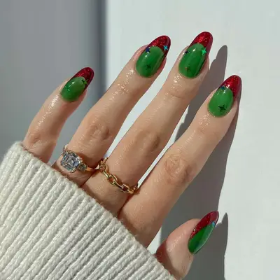 Red Velvet Grinch French Tips - MYM Beauty Red Velvet Nails