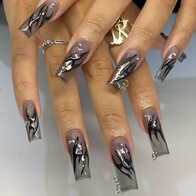 jelly nails with long square tips and pierced rings