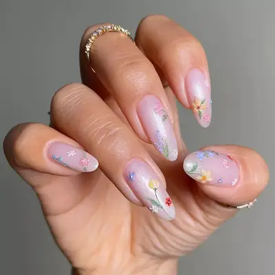 Iridescent Pastel Pink Floral Nails 