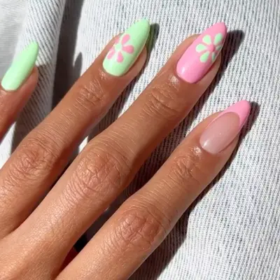 Pink and Green Floral French Tips 
