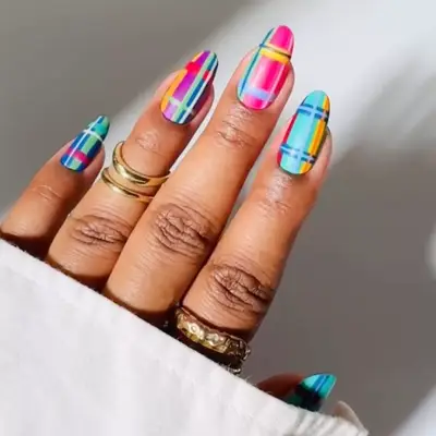 Bright colored long plaid nails