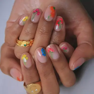 clear nails with handpainted floral nail art