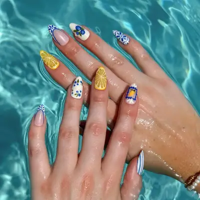 Yellow, blue and white nails