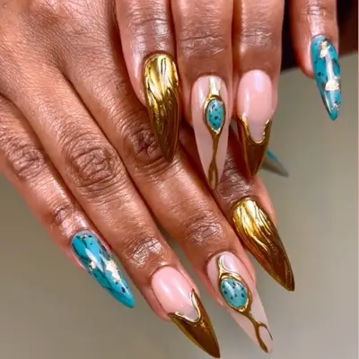 Turquoise and gold long 3D nails