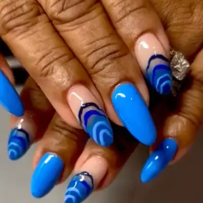 Long blue nails with tip detail