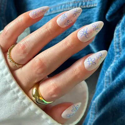 Milky white nails with blue floral detail
