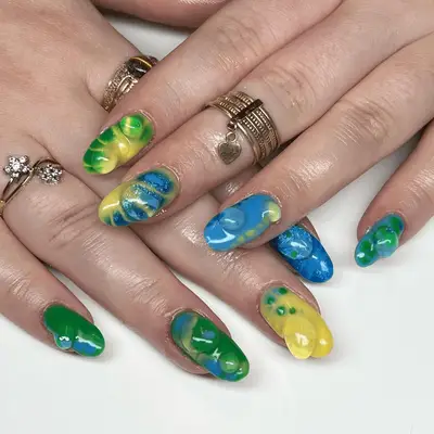 A floral manicure in a variety of bright colors