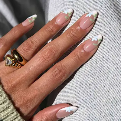 french nails with blue and green flowers