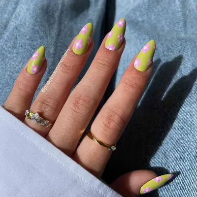 pistachio green nails with pink flowers