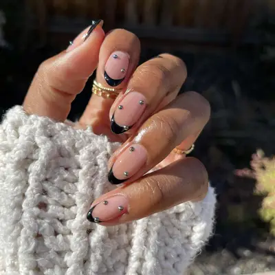Short Black French Nails with 3D Gemstone Accents