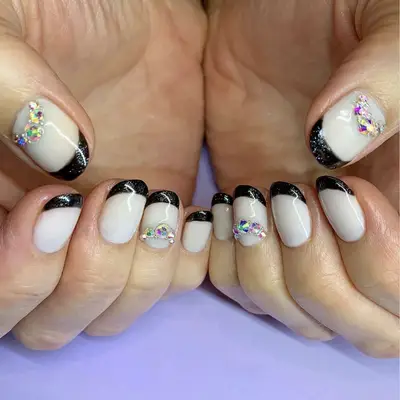Short Bejeweled Black French Nails