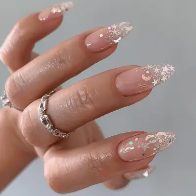 White Chrome Ombre Tips with star motifs