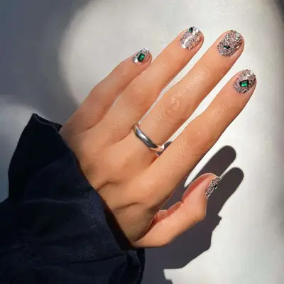 Emerald Cut rhinestone accents on shattered glass nails
