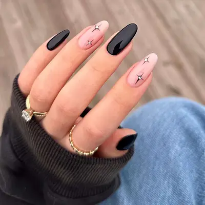 Black mani with diamond star designs