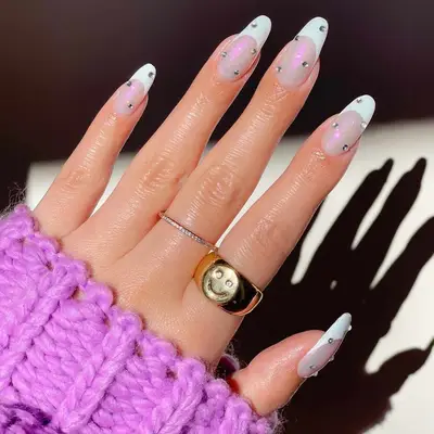 Iridescent French Tips with silver rhinestones