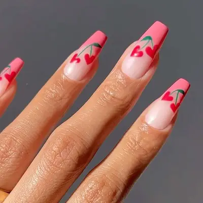 Pink heart-shaped cherry French tips