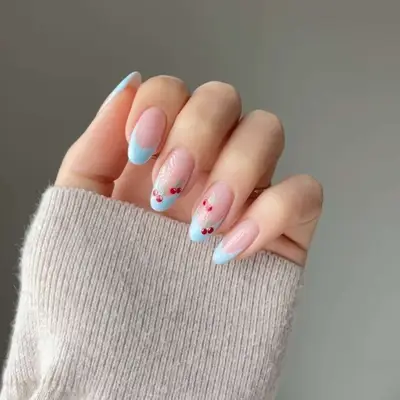 Cherry French Mani with blue tips