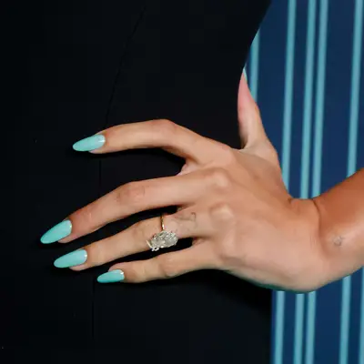 Hailey Bieber with Tiffany Blue glazed donut nails