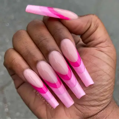 pink coffin french tip nails with different shades of pink