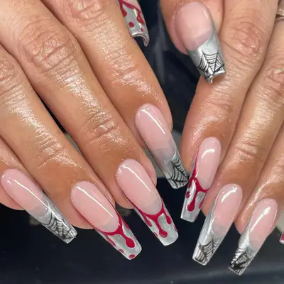 red, silver, black and nude french coffin nails with spiderweb and dripping blood nail art