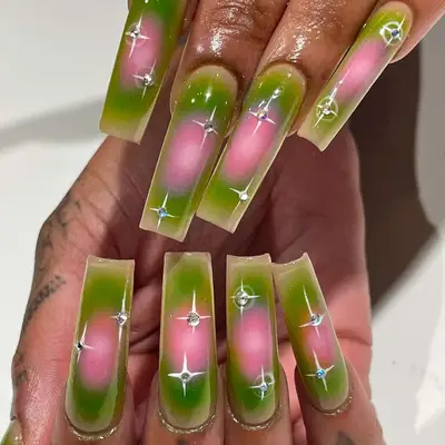 Pink and green aura nails with rhinestones