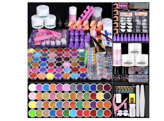 Components of an acrylic nail kit collaged on a beige background