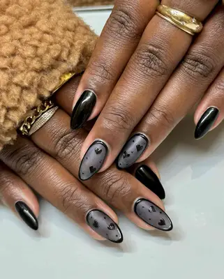 Black jelly manicure with hearts
