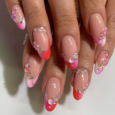 Ombre effect french manicure with rhinestones