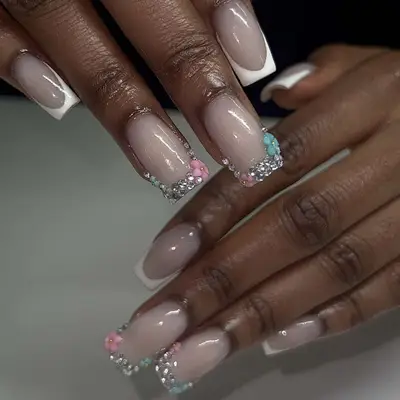 rhinestone French nails with flowers