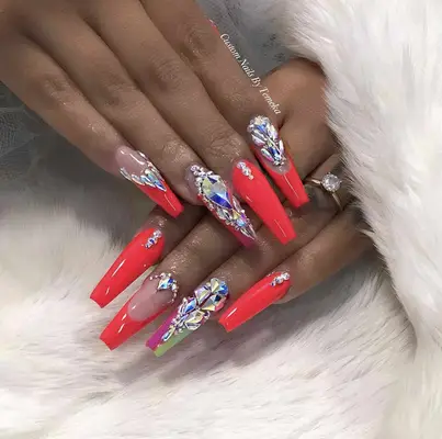 red nails with rhinestones