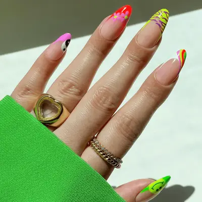 neon french tips in different colors and various art design