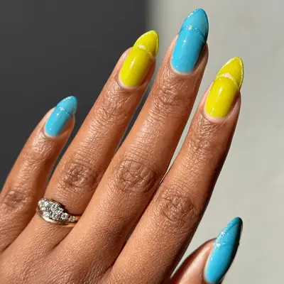 blue and lime green negative space french nails