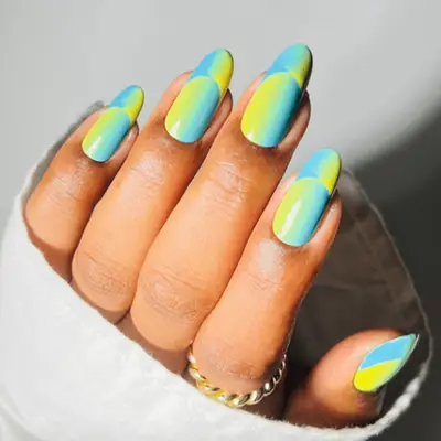 neon green, blue, and yellow french nails