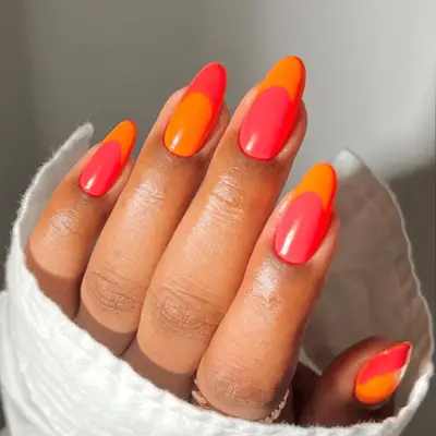neon orange and red french nails