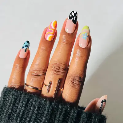 neon green accent french tip nail with groovy psychedelic art