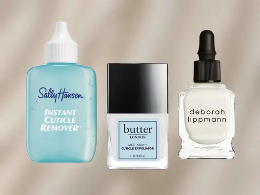 Cuticle Removers on a beige stripped background