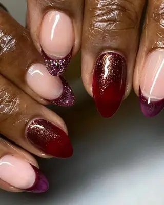 French manicure with dark purple jelly tips and glitter