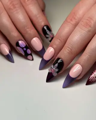 dark purple nails with 3-d designs