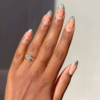 Silver Polkadot Almond French Tips - MYM Beauty Nail Tip Design Ideas