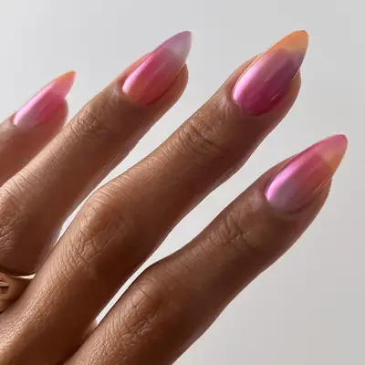 orange, purple, pink gradient chrome nails