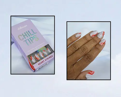 left: chillhouse chill tips in heart strings box right: hand with press ons