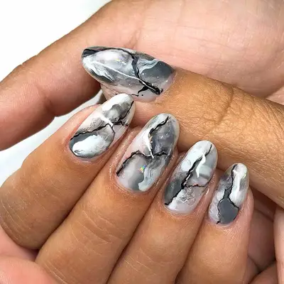 Marble Nails with shades of black, white, and gray