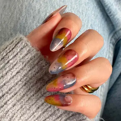 Autumn Watercolor manicure in shades of gray, chartreuse, and maroon