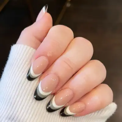 Triple French Tips with black, white, and gray 