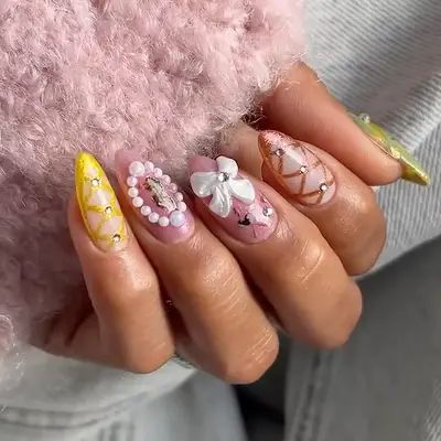 a mismatched manicure with ballet motifs