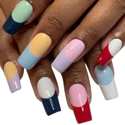 Two-tone square French tips with navy blue, mint, baby blue, yellow, lilac, pink, red, and white nails 