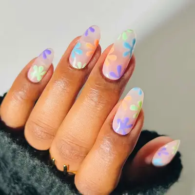 Sheer Nails with pastel bloom nail art 
