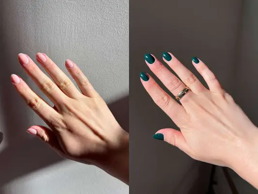 Two hands shown as examples of nail polish colors, each hand with different shades on neatly groomed nails