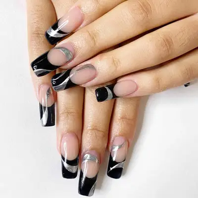 black french tips with silver chrome stripe