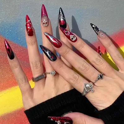 chrome design red and black nails
